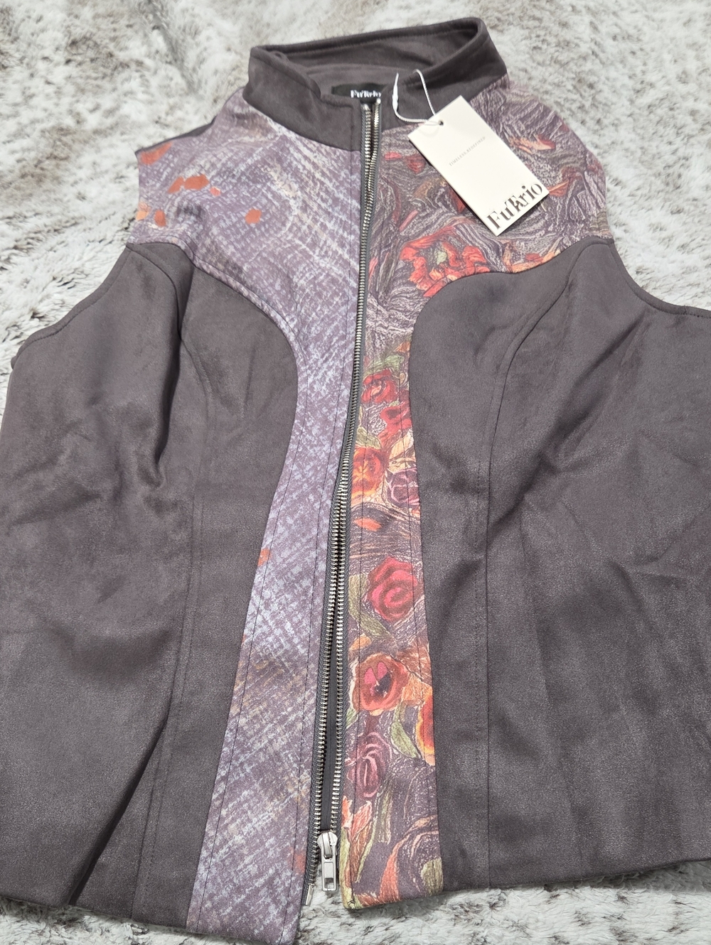 Women’s Dark Gray Floral-Panel Zip Vest